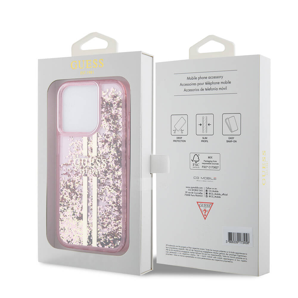 iPhone 15 Pro Kılıf Guess Orijinal Lisanslı Transparan Sıvılı Simli Altın Çizgili Kılıf