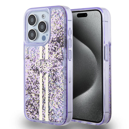 iPhone 15 Pro Kılıf Guess Orijinal Lisanslı Transparan Sıvılı Simli Altın Çizgili Kılıf