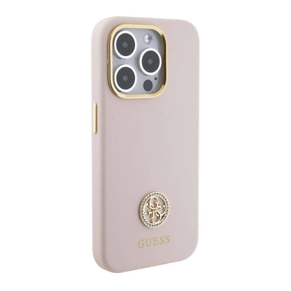 iPhone 15 Pro Kılıf Guess Orijinal Lisanslı Yazı ve Taşlı 4G Logolu Metal Kamera Çerçeveli Silikon Kılıf