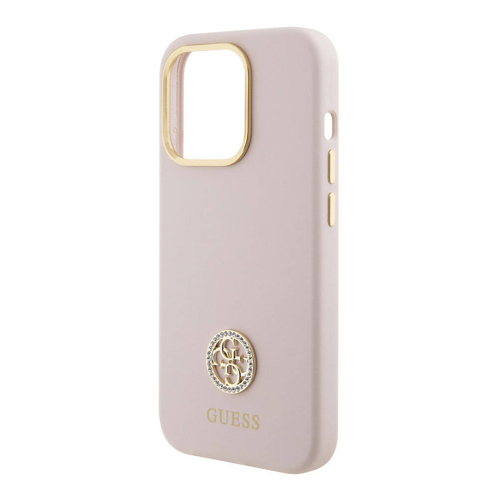 iPhone 15 Pro Kılıf Guess Orijinal Lisanslı Yazı ve Taşlı 4G Logolu Metal Kamera Çerçeveli Silikon Kılıf