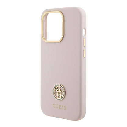 iPhone 15 Pro Kılıf Guess Orijinal Lisanslı Yazı ve Taşlı 4G Logolu Metal Kamera Çerçeveli Silikon Kılıf