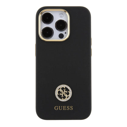 iPhone 15 Pro Kılıf Guess Orijinal Lisanslı Yazı ve Taşlı 4G Logolu Metal Kamera Çerçeveli Silikon Kılıf