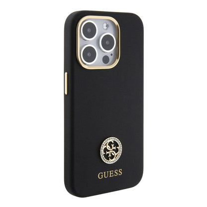 iPhone 15 Pro Kılıf Guess Orijinal Lisanslı Yazı ve Taşlı 4G Logolu Metal Kamera Çerçeveli Silikon Kılıf