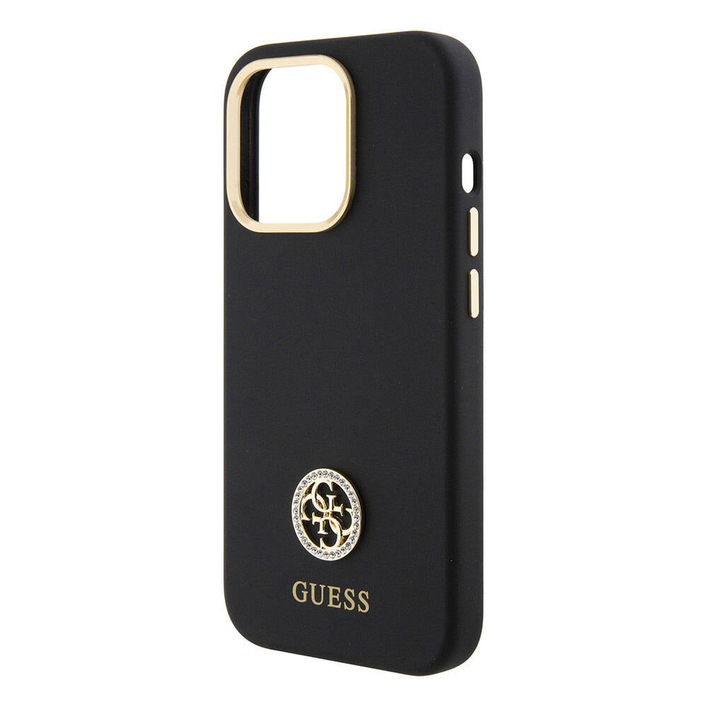 iPhone 15 Pro Kılıf Guess Orijinal Lisanslı Yazı ve Taşlı 4G Logolu Metal Kamera Çerçeveli Silikon Kılıf