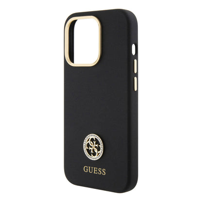iPhone 15 Pro Kılıf Guess Orijinal Lisanslı Yazı ve Taşlı 4G Logolu Metal Kamera Çerçeveli Silikon Kılıf