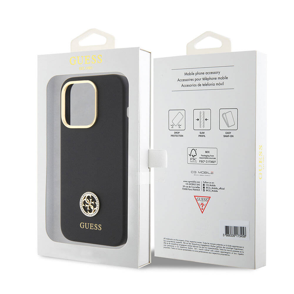 iPhone 15 Pro Kılıf Guess Orijinal Lisanslı Yazı ve Taşlı 4G Logolu Metal Kamera Çerçeveli Silikon Kılıf