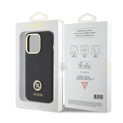 iPhone 15 Pro Kılıf Guess Orijinal Lisanslı Yazı ve Taşlı 4G Logolu Metal Kamera Çerçeveli Silikon Kılıf