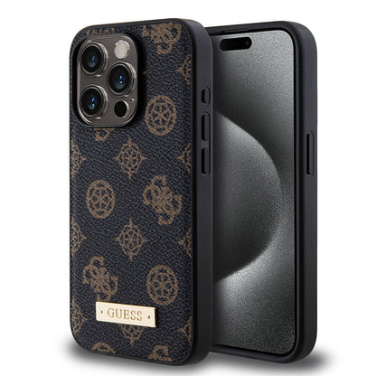 iPhone 15 Pro Kılıf Guess M-safe Şarj Özellikli PU Deri Desenli Metal Plaka Logolu Kılıf