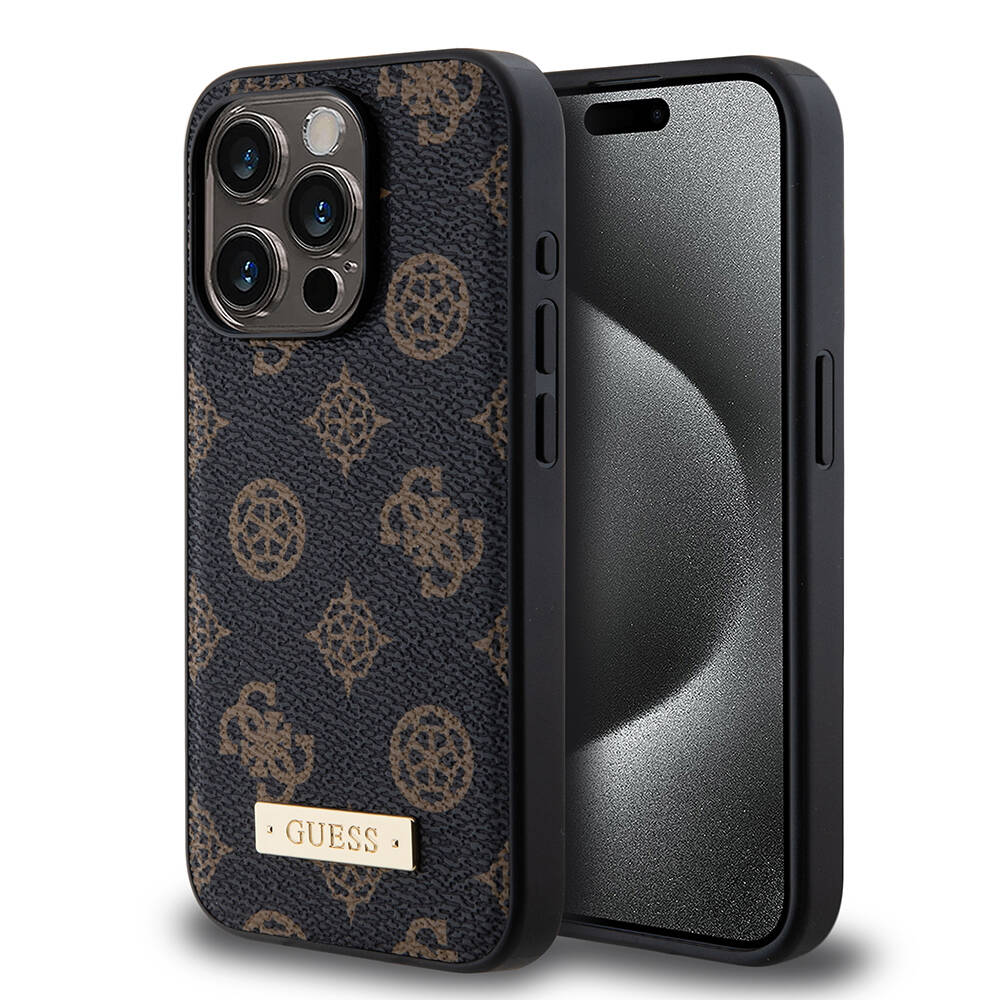 iPhone 15 Pro Kılıf Guess M-safe Şarj Özellikli PU Deri Desenli Metal Plaka Logolu Kılıf