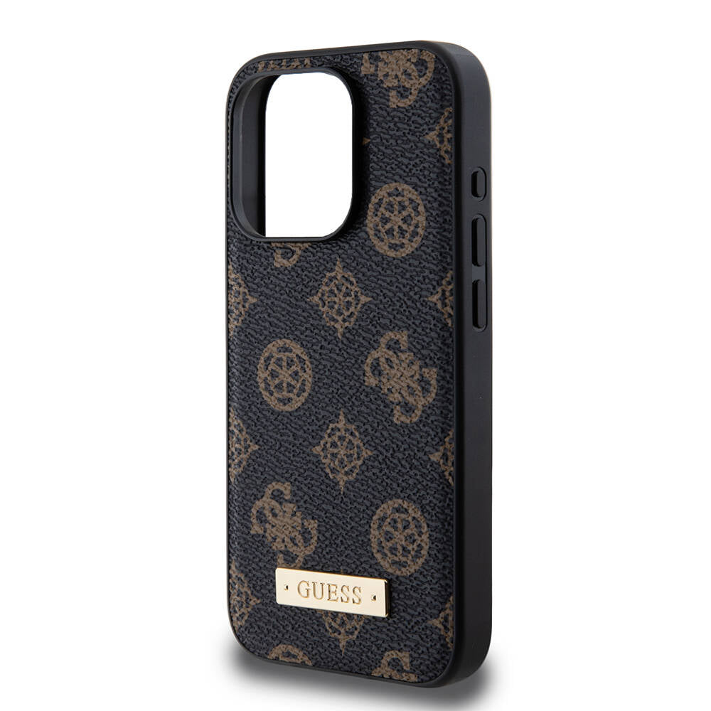 iPhone 15 Pro Kılıf Guess M-safe Şarj Özellikli PU Deri Desenli Metal Plaka Logolu Kılıf