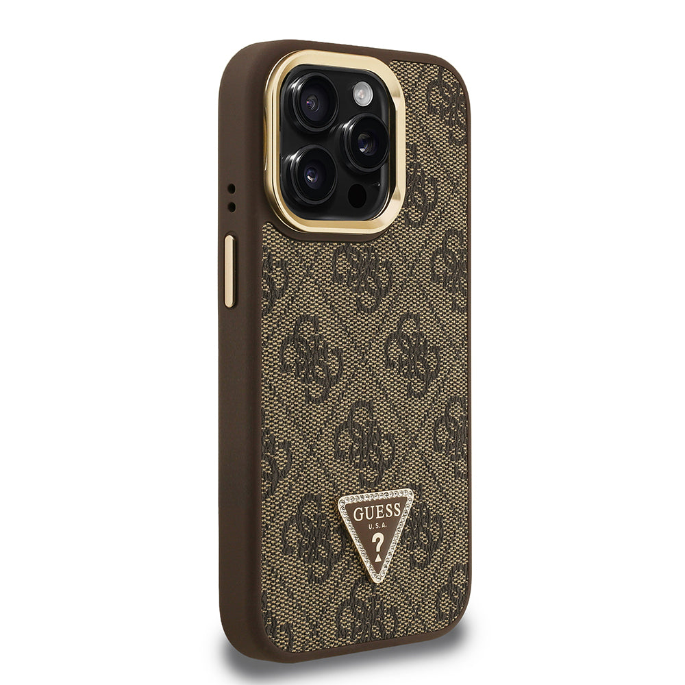 iPhone 15 Pro Kılıf Guess orijinal Lisanslı PU Deri Taşlı Üçgen Logo 4G Desenli Kamera Standlı Kılıf