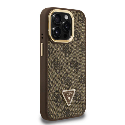 iPhone 15 Pro Kılıf Guess orijinal Lisanslı PU Deri Taşlı Üçgen Logo 4G Desenli Kamera Standlı Kılıf