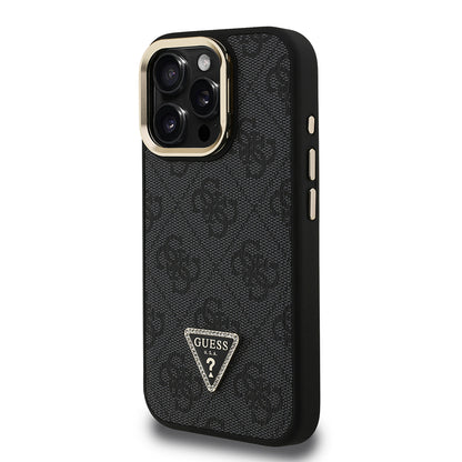 iPhone 15 Pro Kılıf Guess orijinal Lisanslı PU Deri Taşlı Üçgen Logo 4G Desenli Kamera Standlı Kılıf