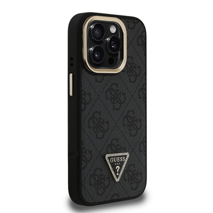 iPhone 15 Pro Kılıf Guess orijinal Lisanslı PU Deri Taşlı Üçgen Logo 4G Desenli Kamera Standlı Kılıf