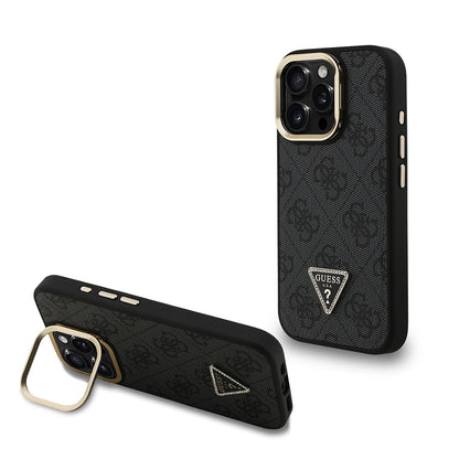 iPhone 15 Pro Kılıf Guess orijinal Lisanslı PU Deri Taşlı Üçgen Logo 4G Desenli Kamera Standlı Kılıf