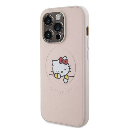 iPhone 15 Pro Kılıf Hello Kitty Orijinal Lisanslı M-safe Şarj Özellikli Baskı Logolu Uyuyan Kitty Deri Kılıf