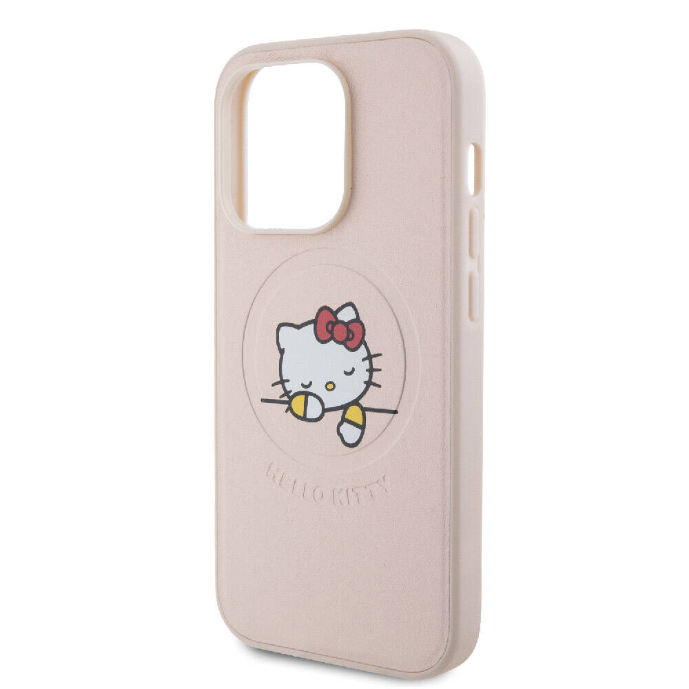 iPhone 15 Pro Kılıf Hello Kitty Orijinal Lisanslı M-safe Şarj Özellikli Baskı Logolu Uyuyan Kitty Deri Kılıf