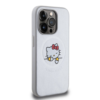 iPhone 15 Pro Kılıf Hello Kitty Orijinal Lisanslı M-safe Şarj Özellikli Baskı Logolu Uyuyan Kitty Deri Kılıf