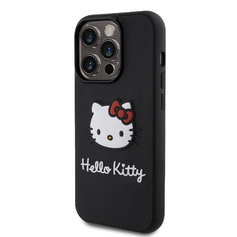 iPhone 15 Pro Kılıf Hello Kitty Orijinal Lisanslı Yazı ve İkonik Logolu 3D Rubber Kitty Head Kılıf