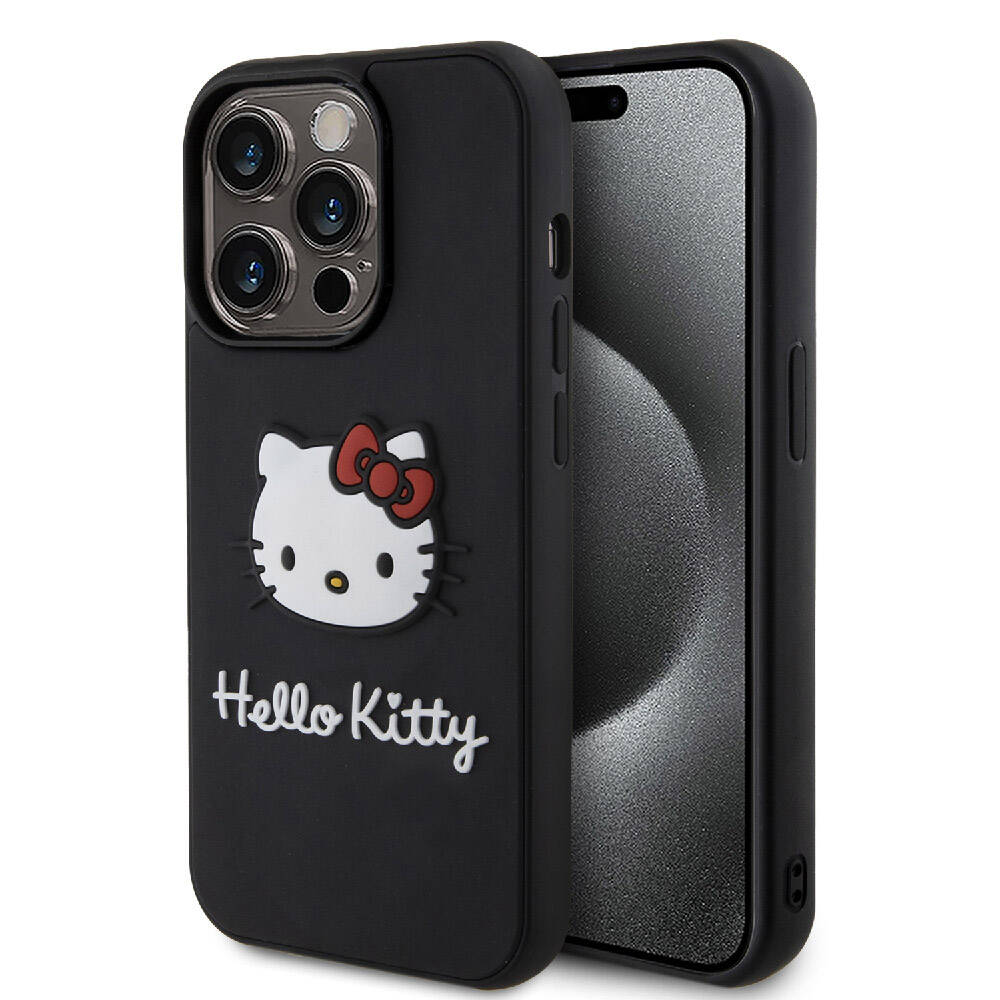 iPhone 15 Pro Kılıf Hello Kitty Orijinal Lisanslı Yazı ve İkonik Logolu 3D Rubber Kitty Head Kılıf