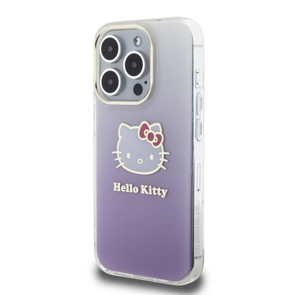 iPhone 15 Pro Kılıf Hello Kitty Orijinal Lisanslı Yazı ve İkonik Logolu Elektroplating Kaplama Gradyan Kılıf