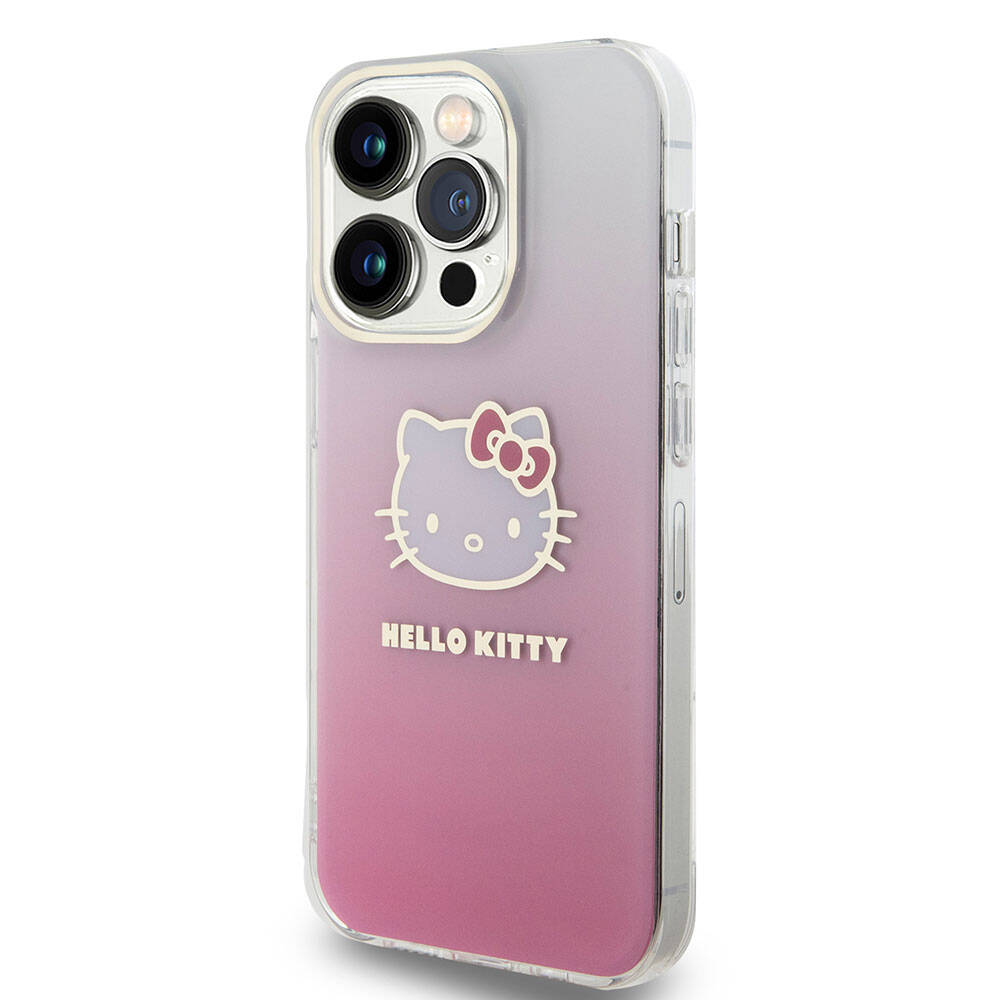 iPhone 15 Pro Kılıf Hello Kitty orijinal Lisanslı Yazı ve İkonik Logolu Elektroplating Kaplama Gradyan Kılıf
