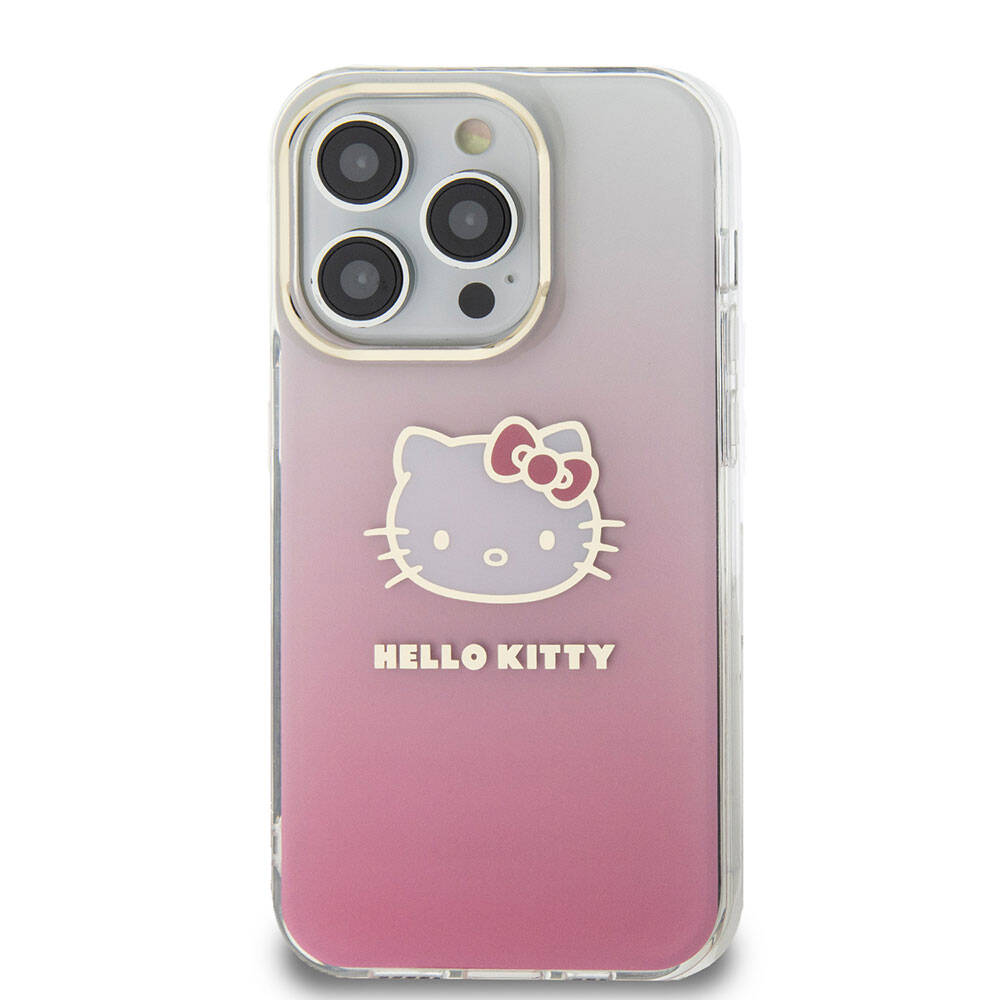 iPhone 15 Pro Kılıf Hello Kitty orijinal Lisanslı Yazı ve İkonik Logolu Elektroplating Kaplama Gradyan Kılıf