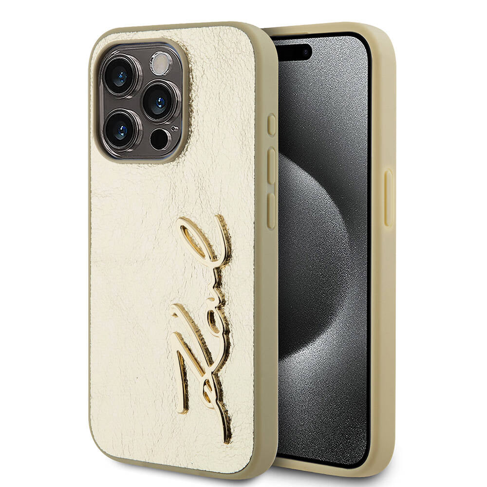 iPhone 15 Pro Kılıf Karl Lagerfeld orijinal Lisanslı 3D KL Yazılı Tüylü Arka Yüzey Saffiano Rhinestones Kılıf