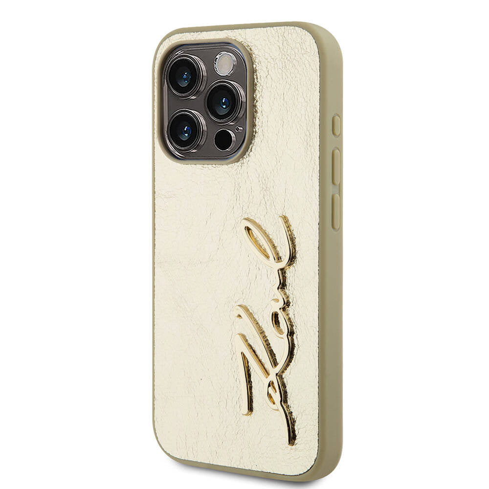 iPhone 15 Pro Kılıf Karl Lagerfeld orijinal Lisanslı 3D KL Yazılı Tüylü Arka Yüzey Saffiano Rhinestones Kılıf