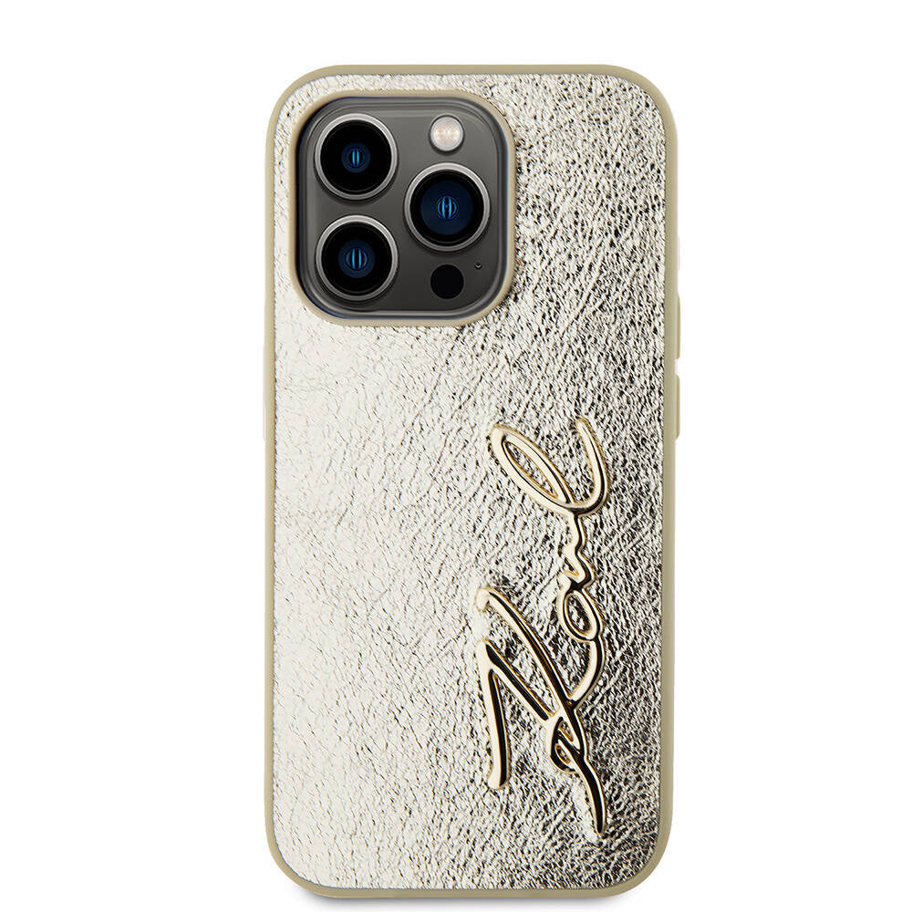 iPhone 15 Pro Kılıf Karl Lagerfeld orijinal Lisanslı 3D KL Yazılı Tüylü Arka Yüzey Saffiano Rhinestones Kılıf
