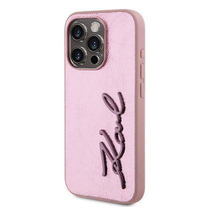 iPhone 15 Pro Kılıf Karl Lagerfeld orijinal Lisanslı 3D KL Yazılı Tüylü Arka Yüzey Saffiano Rhinestones Kılıf