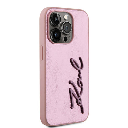 iPhone 15 Pro Kılıf Karl Lagerfeld orijinal Lisanslı 3D KL Yazılı Tüylü Arka Yüzey Saffiano Rhinestones Kılıf