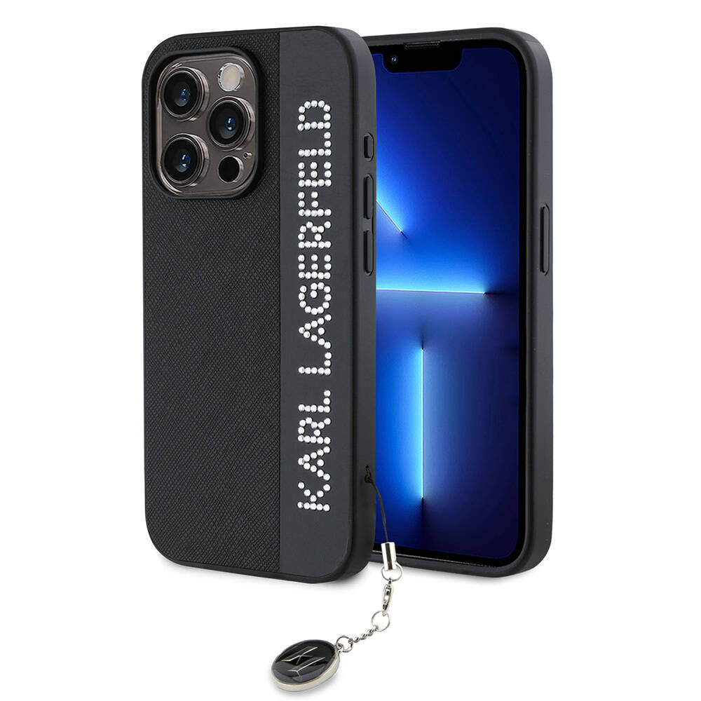iPhone 15 Pro Kılıf Karl Lagerfeld orijinal Lisanslı Anahtarlıklı Taşlı KL Yazılı Saffiano Rhinestones Kılıf
