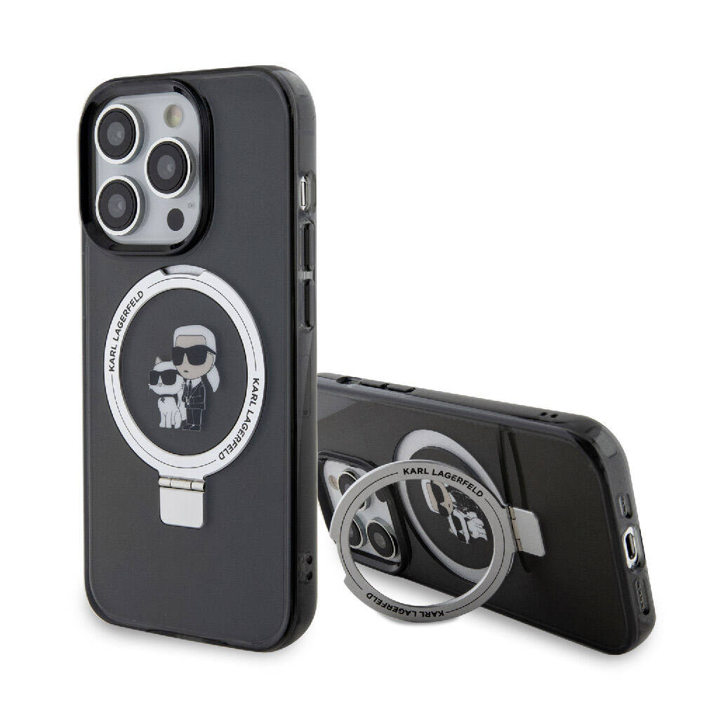 iPhone 15 Pro Kılıf Karl Lagerfeld orijinal Lisanslı M-safe Şarj Özellikli K&C İkonik Baskılı Ring Standlı Kılıf