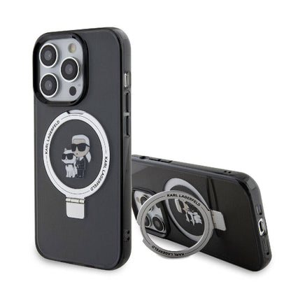 iPhone 15 Pro Kılıf Karl Lagerfeld orijinal Lisanslı M-safe Şarj Özellikli K&C İkonik Baskılı Ring Standlı Kılıf