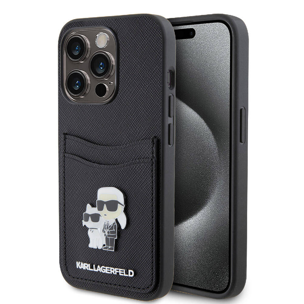 iPhone 15 Pro Kılıf Karl Lagerfeld orijinal Lisanslı Metal Logo Kartlıklı Saffiano Kılıf