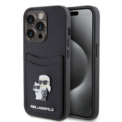 iPhone 15 Pro Kılıf Karl Lagerfeld orijinal Lisanslı Metal Logo Kartlıklı Saffiano Kılıf