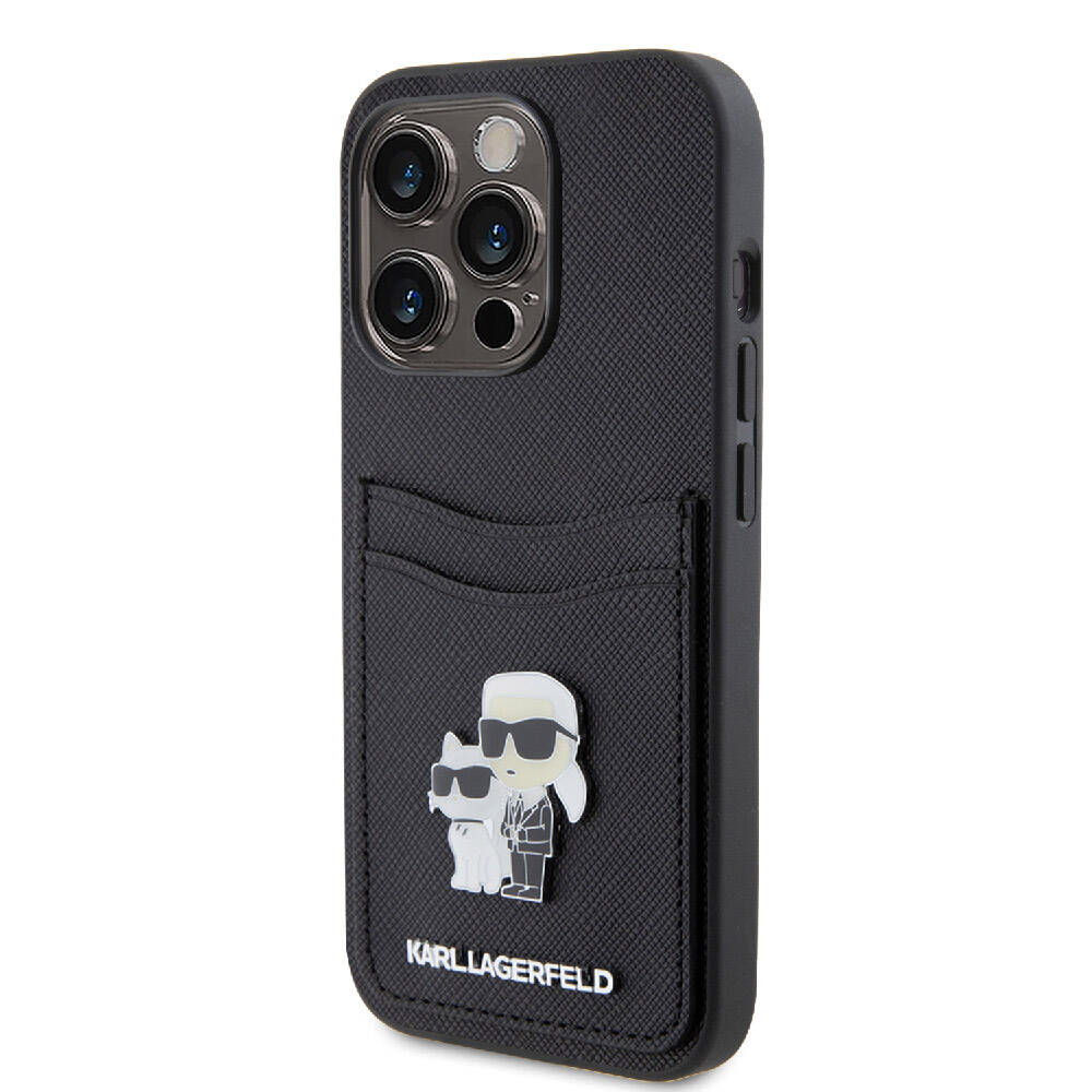 iPhone 15 Pro Kılıf Karl Lagerfeld orijinal Lisanslı Metal Logo Kartlıklı Saffiano Kılıf