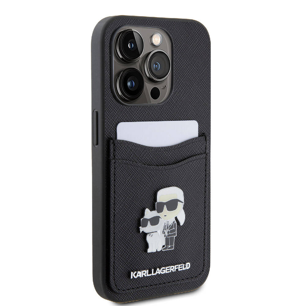 iPhone 15 Pro Kılıf Karl Lagerfeld orijinal Lisanslı Metal Logo Kartlıklı Saffiano Kılıf