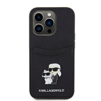 iPhone 15 Pro Kılıf Karl Lagerfeld orijinal Lisanslı Metal Logo Kartlıklı Saffiano Kılıf