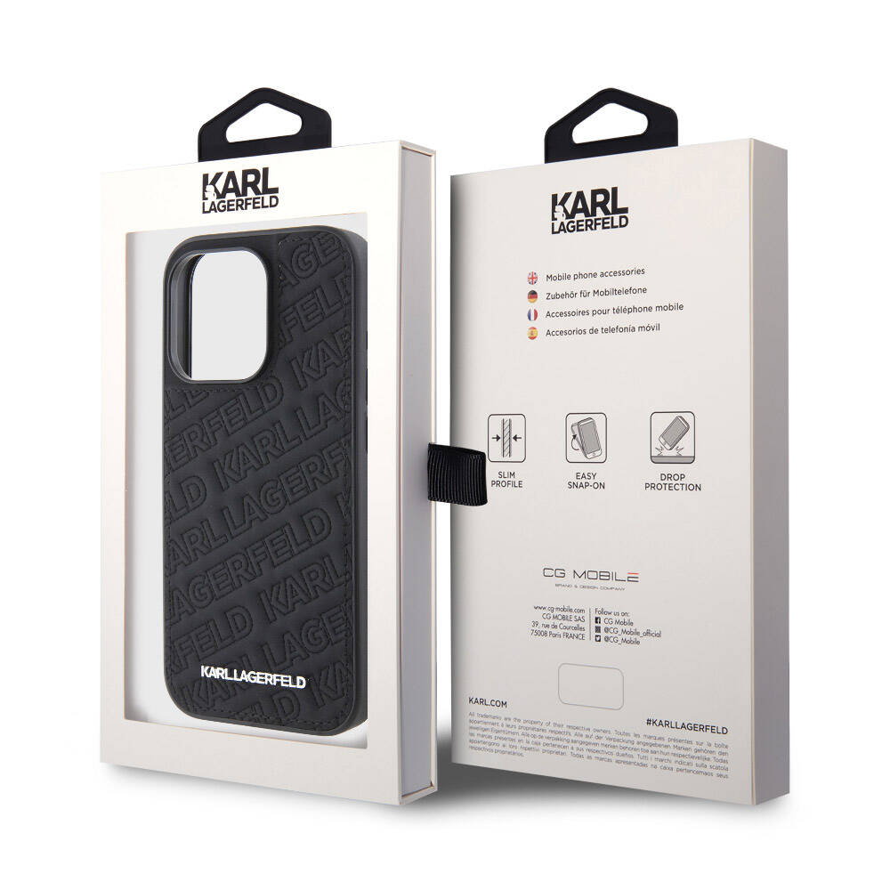 iPhone 15 Pro Kılıf Karl Lagerfeld orijinal Lisanslı Metal Yazı Logolu Dikişli Logo Arka Yüzey Kapitone Kılıf