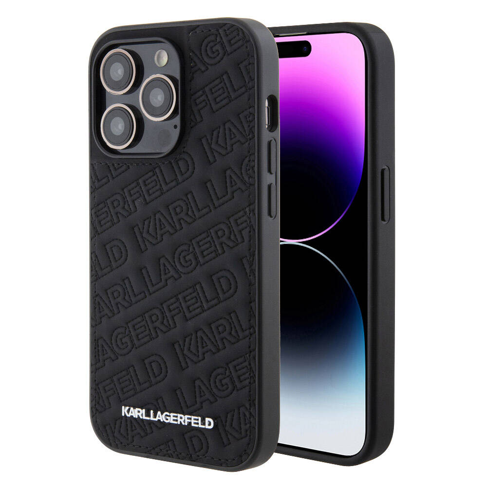 iPhone 15 Pro Kılıf Karl Lagerfeld orijinal Lisanslı Metal Yazı Logolu Dikişli Logo Arka Yüzey Kapitone Kılıf