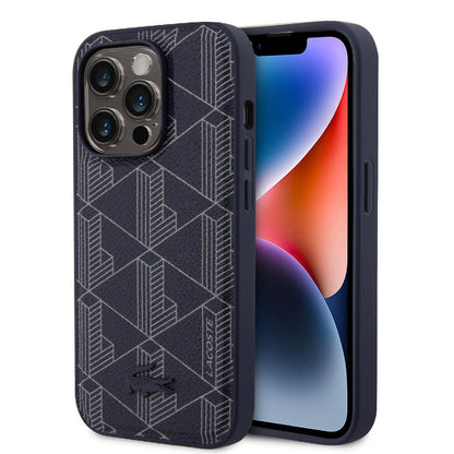 iPhone 15 Pro Kılıf Lacoste Orijinal Lisanslı M-safe Şarj Özellikli PU Deri Görünümlü Karışık Monogram Desenli Kılıf