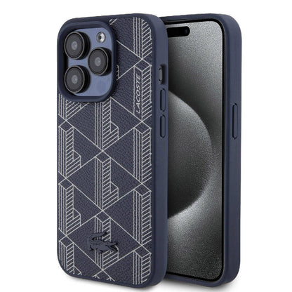 iPhone 15 Pro Kılıf Lacoste orijinal Lisanslı M-safe Şarj Özellikli PU Deri Görünümlü Karışık Monogram Desenli Kılıf
