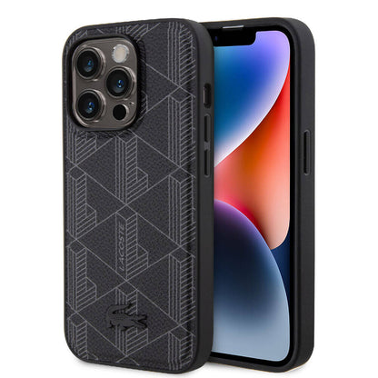 iPhone 15 Pro Kılıf Lacoste orijinal Lisanslı M-safe Şarj Özellikli PU Deri Görünümlü Karışık Monogram Desenli Kılıf