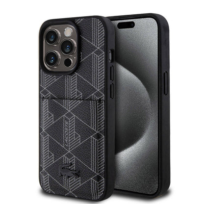 iPhone 15 Pro Kılıf Lacoste orijinal Lisanslı M-safe Şarj Özellikli PU Deri Görünümlü Kartlıklı Karışık Monogram Desenli Kılıf
