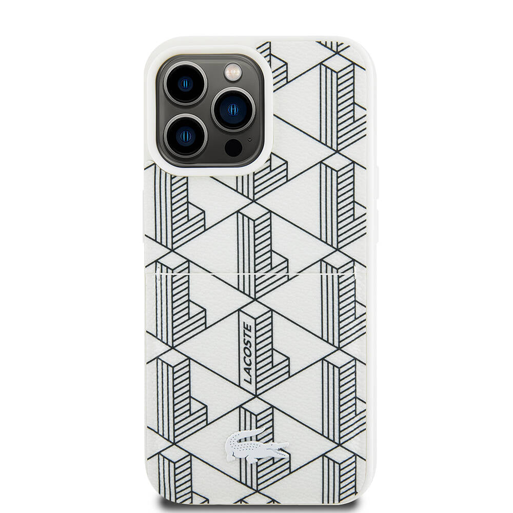 iPhone 15 Pro Kılıf Lacoste orijinal Lisanslı M-safe Şarj Özellikli PU Deri Görünümlü Kartlıklı Karışık Monogram Desenli Kılıf