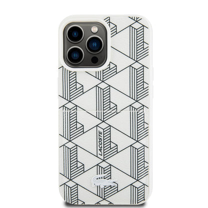 iPhone 15 Pro Kılıf Lacoste orijinal Lisanslı M-safe Şarj Özellikli PU Deri Görünümlü Kartlıklı Karışık Monogram Desenli Kılıf