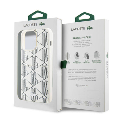 iPhone 15 Pro Kılıf Lacoste orijinal Lisanslı M-safe Şarj Özellikli PU Deri Görünümlü Kartlıklı Karışık Monogram Desenli Kılıf