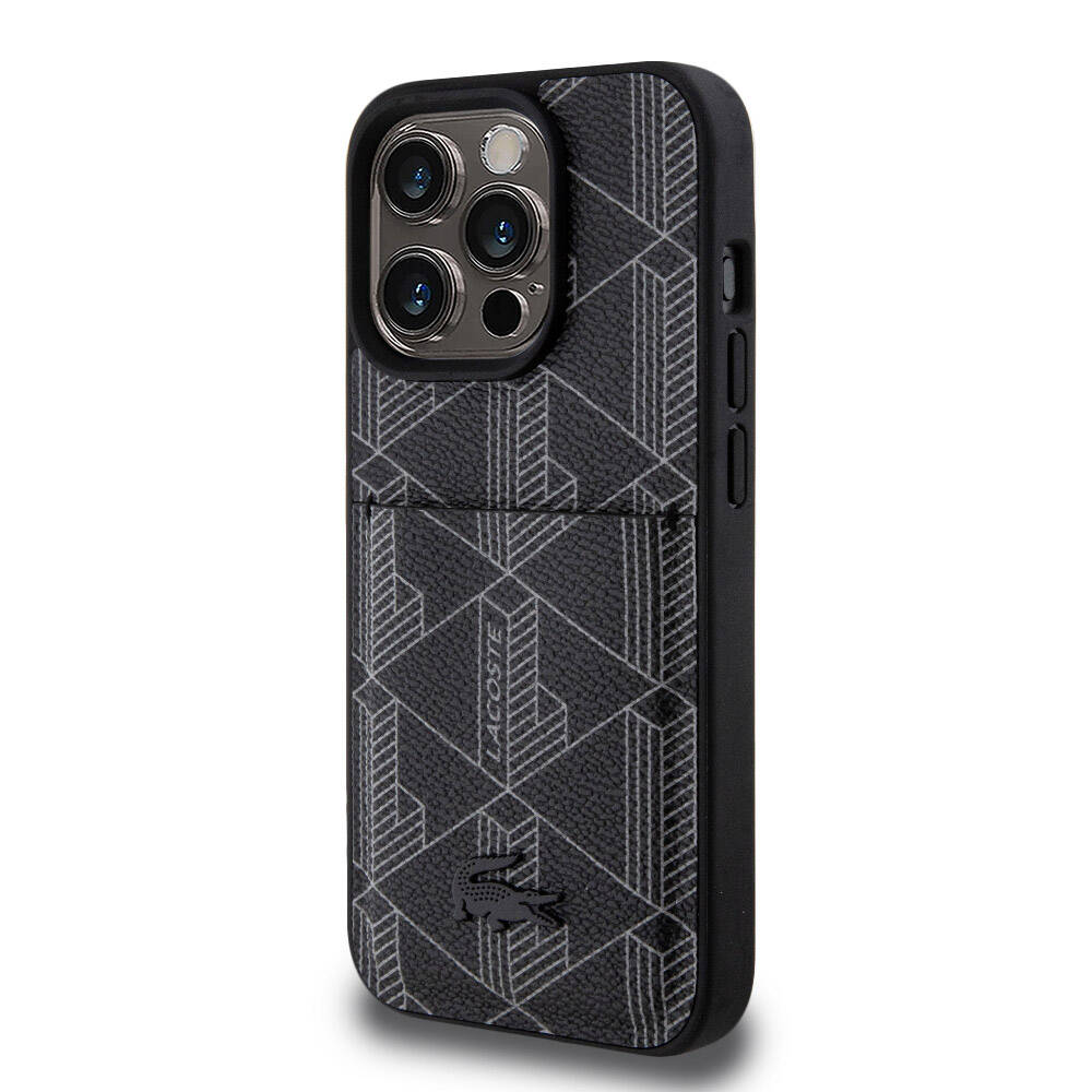 iPhone 15 Pro Kılıf Lacoste orijinal Lisanslı M-safe Şarj Özellikli PU Deri Görünümlü Kartlıklı Karışık Monogram Desenli Kılıf